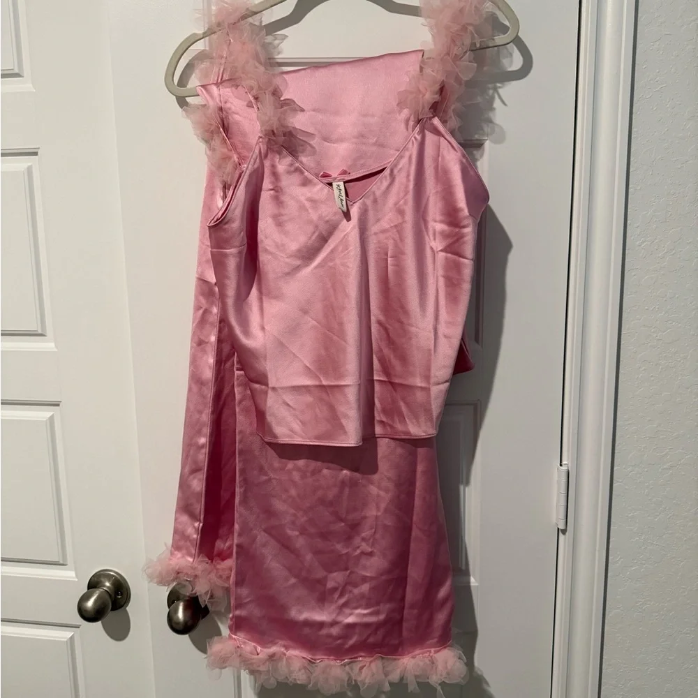 For Love And Lemons Pink Satin Pajama Set